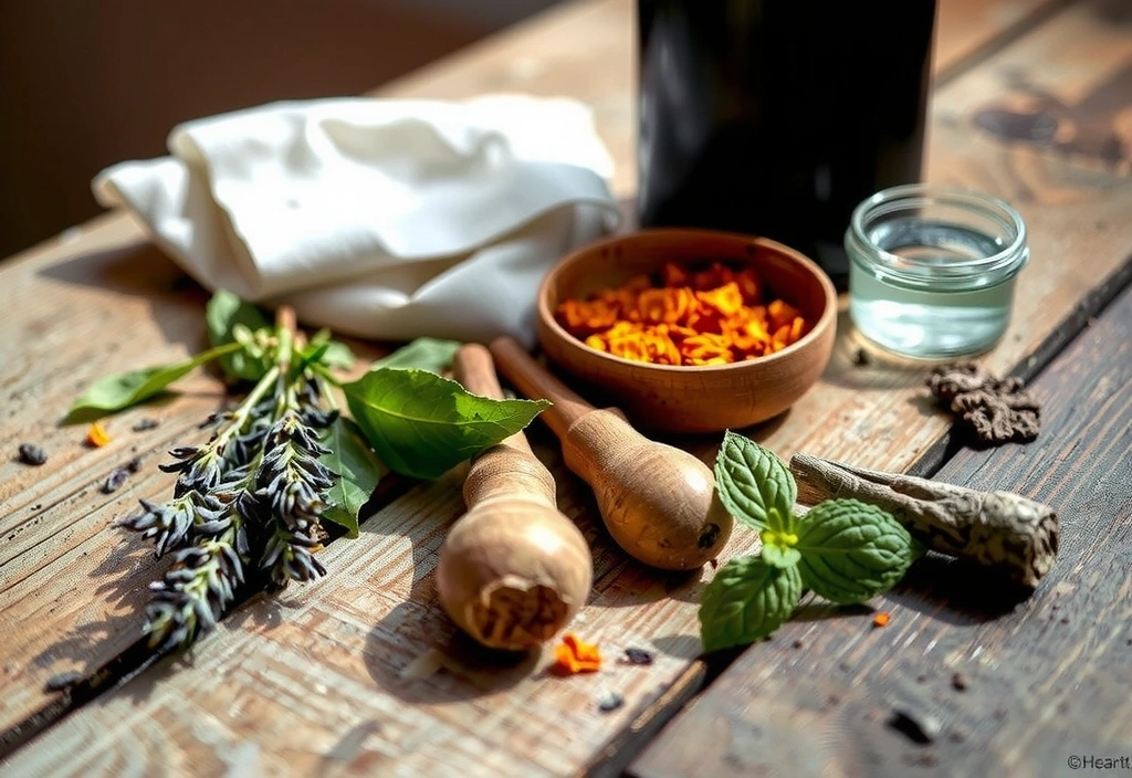 A close-up of vibrant, fresh herbs and botanicals laid out on a rustic wooden table, symbolizing ethical sourcing and natural ingredients.