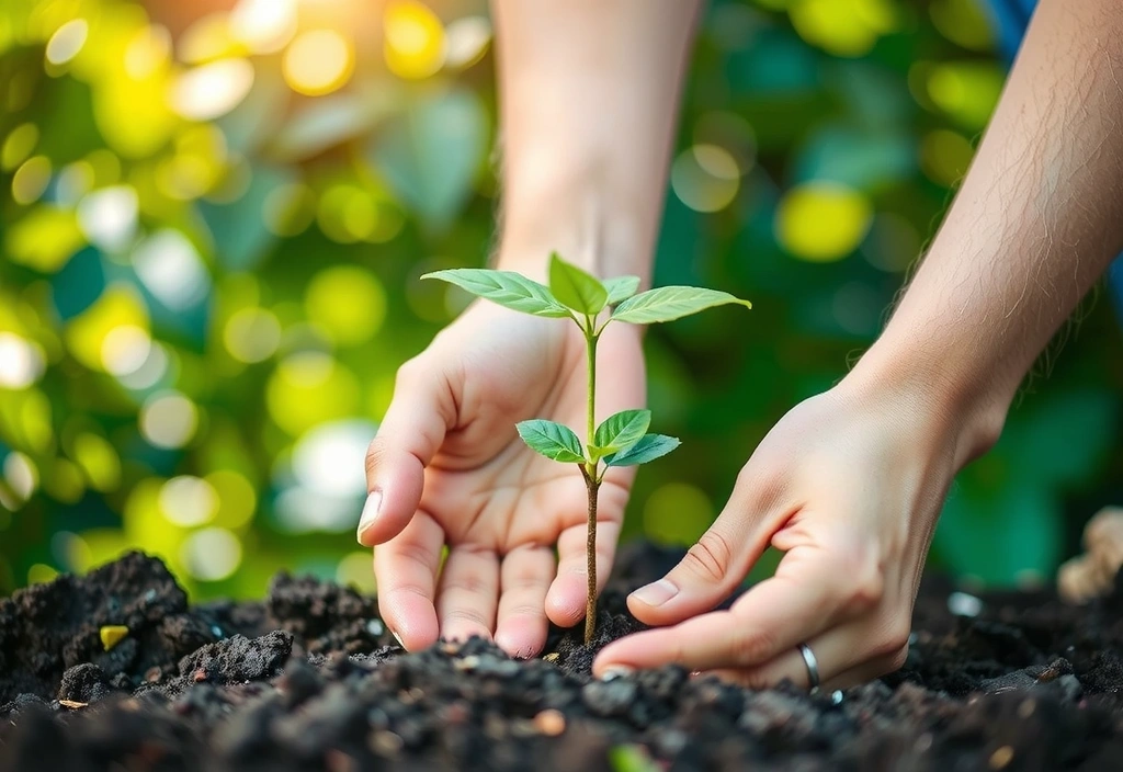 Hands planting a small tree in fertile soil, with blurred lush greenery in the background, symbolizing environmental responsibility and sustainability.