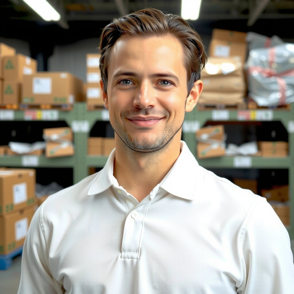 Portrait of a confident male operations manager, with a clean, organized warehouse background.