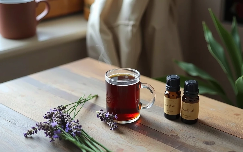 A calming scene of herbal tea and essential oils, signifying stress relief.