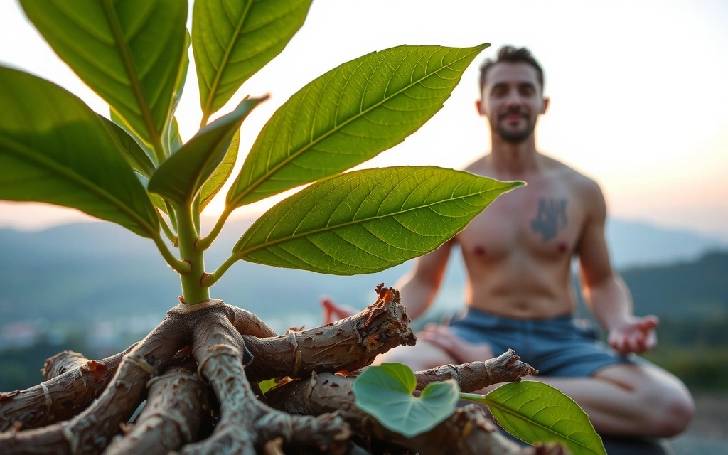 Ashwagandha root and leaves with a vibrant, healthy man in the background.