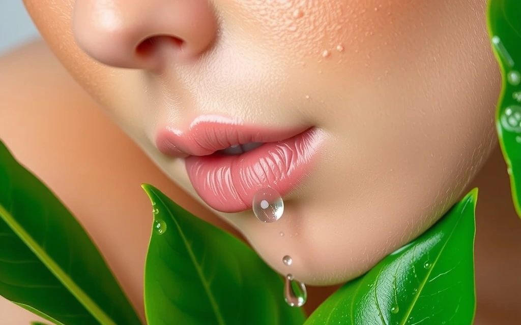 Dewy skin with hyaluronic acid serum droplets and botanical extracts.