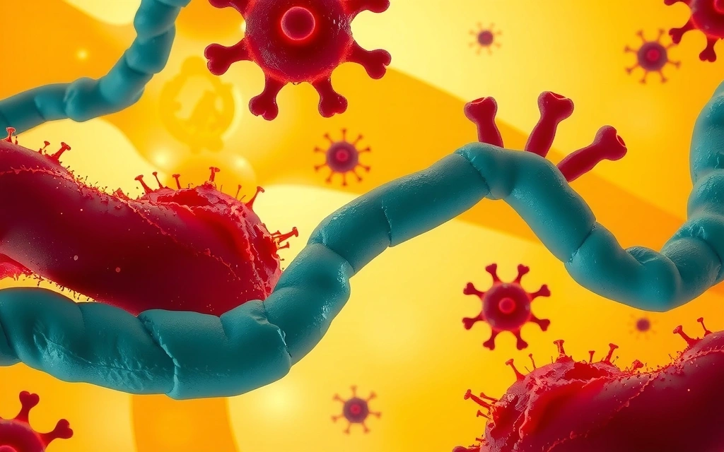 Microscopic view of gut flora intertwined with protective immune cells.