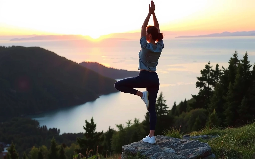 Person practicing yoga in a serene natural environment, embodying mindful living.