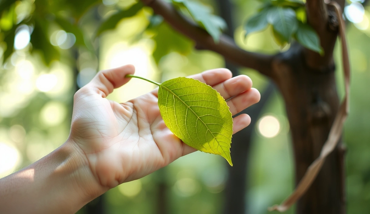 A serene, natural setting with subtle communication elements, like a hand gently holding a vibrant green leaf, symbolizing connection and growth. The background features soft bokeh lights, suggesting a thoughtful and friendly atmosphere.