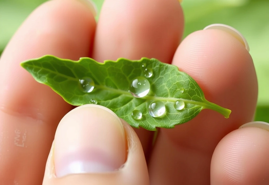 A hand holding a freshly picked herb with water droplets, symbolizing purity