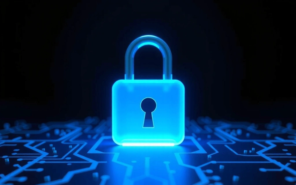 Secure padlock icon over a digital network, symbolizing data protection